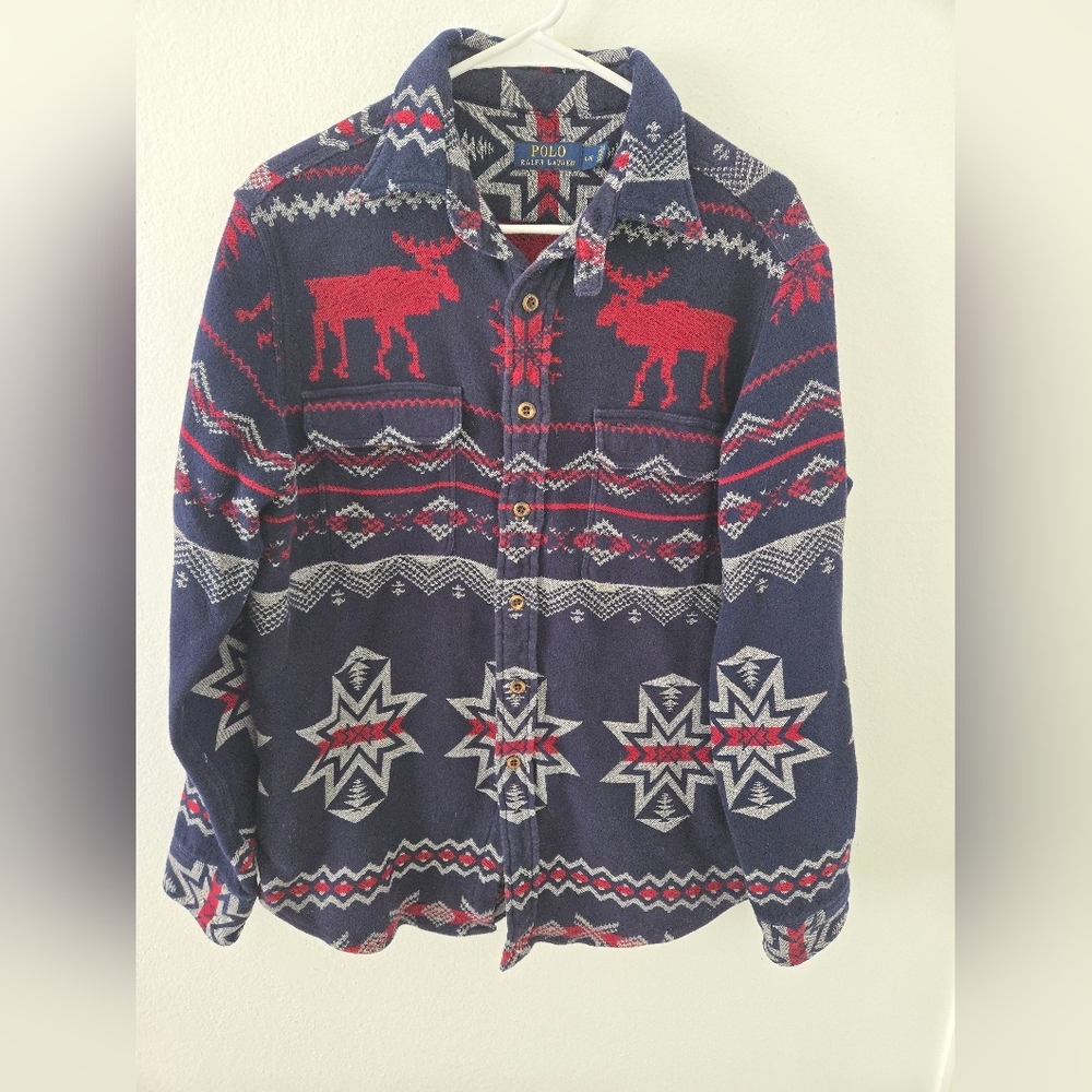 Ralph Lauren Navy Red and White Patterned Button-Down Shirt